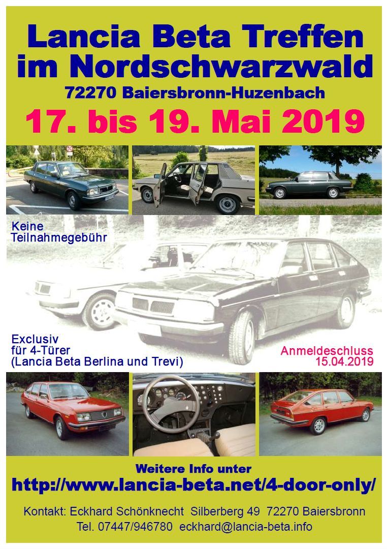 [... Flyer oder Poster vom Lancia Beta 4 door only Treffen im Mai 2019 ...]